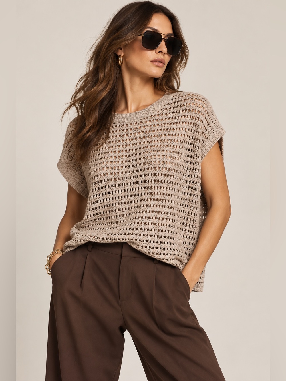 Max Studio Open Knit Linen Blend Sweater Taupe Beige Relaxed Boxy Size S
